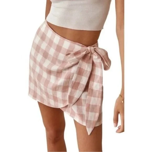 NWOT Reformation Sax Side Tie Wrap Checkered Allover Pattern Linen Miniskirt SM - Picture 4 of 5